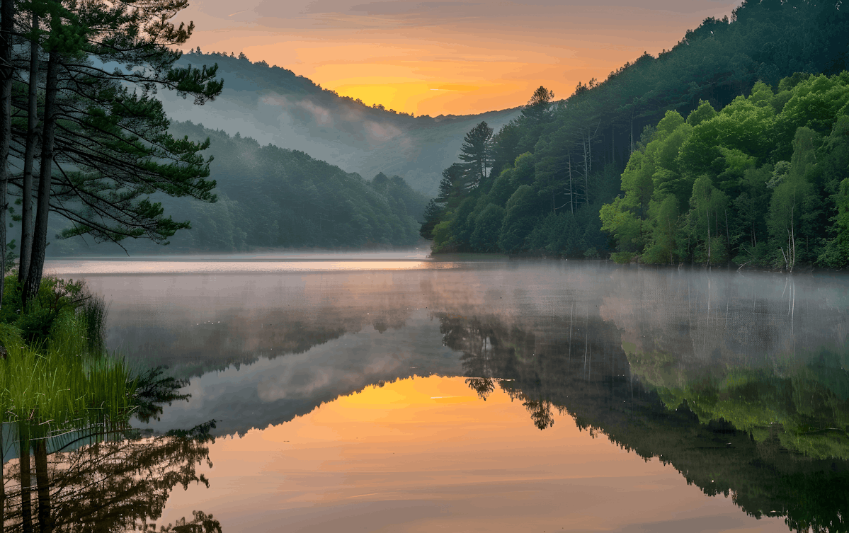 Serene morning sunrise landscape over calm water